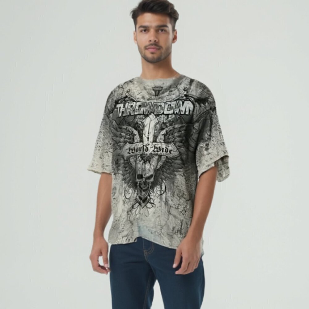 ❤️ THROWDOWN Gray Graphic Men's Shirt XXL